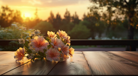 flowers on a wooden table during sunrise,の素材