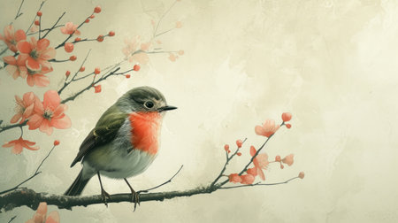 Delightful bird illustrations on a soft, spring-inspired backdrop evoke the melodies of the season.の素材