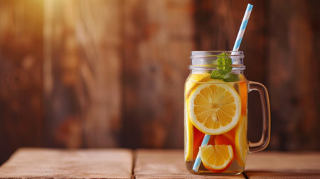 A rustic mason jar filled with lemonade, adorned with a colorful paper straw.の素材