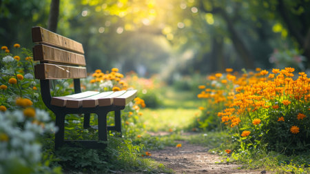 A peaceful scene of a sunlit, empty bench in a blooming garden.の素材