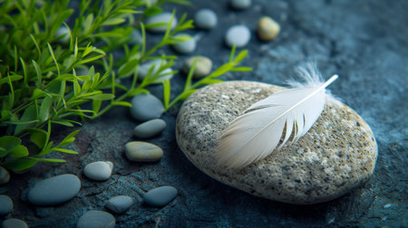 A delicate feather resting on a smooth stone, surrounded by tender green shoots of grass.の素材