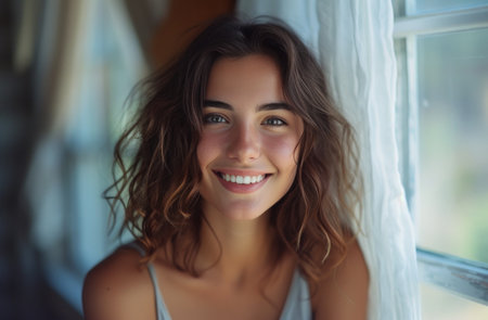beautiful smiling young woman in front of window.の素材