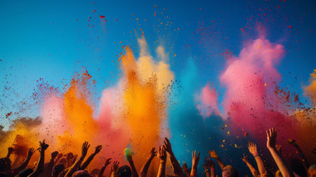 Vibrant images showcasing people throwing bright colored powders in the air during the Holi festival.の素材