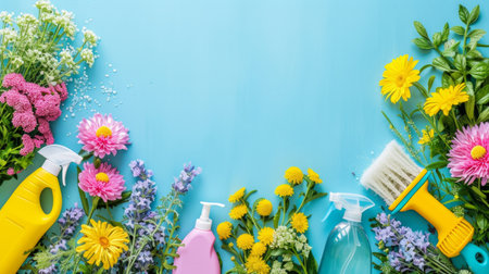 Minimalist backgrounds with spring cleaning tools, symbolizing renewal and rejuvenation.の素材