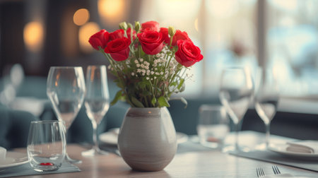 Modern dining spaces feature fresh flower arrangements.の素材