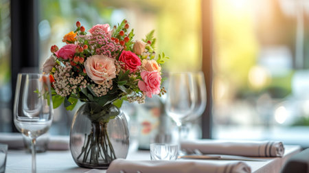 Modern dining spaces feature fresh flower arrangements.の素材