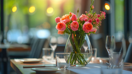 Modern dining spaces feature fresh flower arrangements.の素材