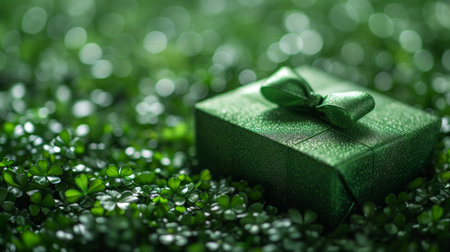 Green Luxury Gift Box with a Shiny Bow on a Shamrock Background.の素材