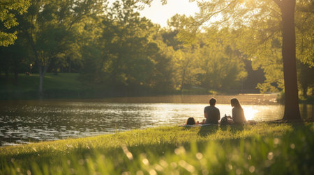 Joyful families enjoy lakeside picnics, surrounded by tranquil waters and verdant landscapes.の素材