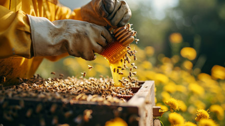 Beekeepers tend to their hives, collecting the liquid gold produced by their industrial bees.の素材