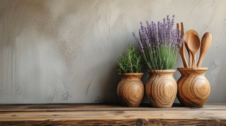 Natural Wood Cooking Utensils and Lavender Pots large copyspace area, offcenter composition.の素材