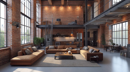Exposed brick walls and metal accents lend a modern touch to this stylish loft apartment.の素材