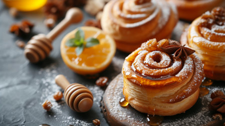 Pastries and desserts adorned with honey swirls and glazes offer a delectable feast for the senses.の素材