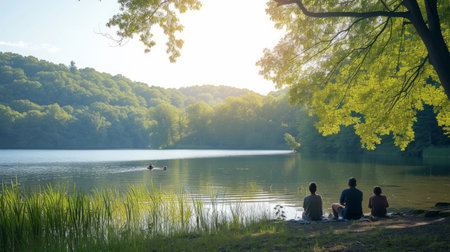 Joyful families enjoy lakeside picnics, surrounded by tranquil waters and verdant landscapes.の素材