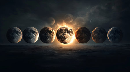 Minimalistic moon phases and celestial elements against a dark backdrop emit a mystical glow.の素材
