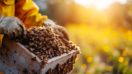 Beekeepers tend to their hives, collecting the liquid gold produced by their industrial bees.の素材