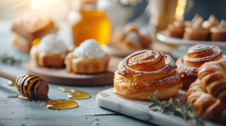 Pastries and desserts adorned with honey swirls and glazes offer a delectable feast for the senses.の素材