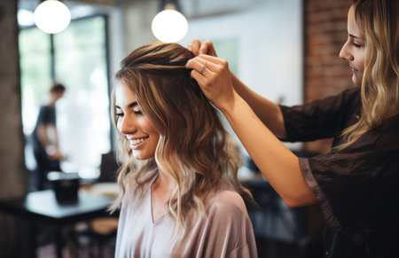 a woman being styled hair in a salon.