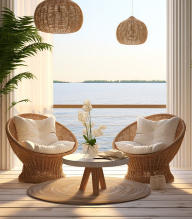 a white sofa and two pillows on a wicker ottoman.の素材