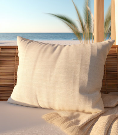 a white cushion on a couch with a bamboo leaf on it.の素材