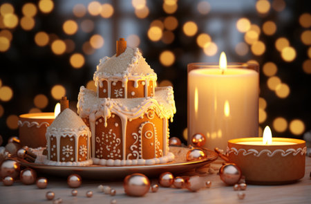 christmas gingerbread house on table with candles.の素材