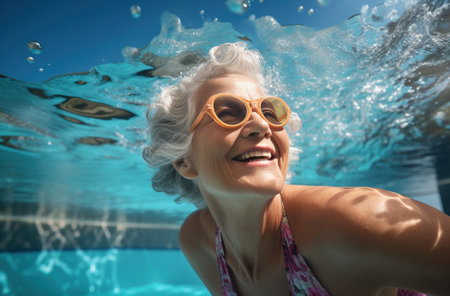 an older woman in a swimming pool smiling.の素材