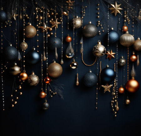 Christmas and New Year background. Christmas decorations on a dark blue background.の素材
