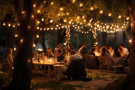 an evening outdoors with string lights.の素材