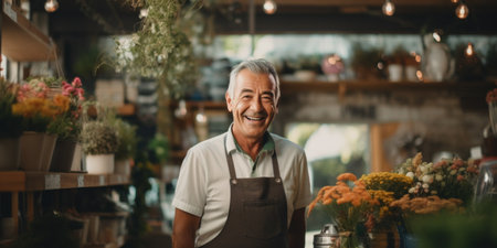 an older man standing in a flower shop.の素材
