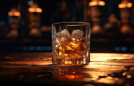 a glass of a whiskey sitting inside of a dark scene.の素材