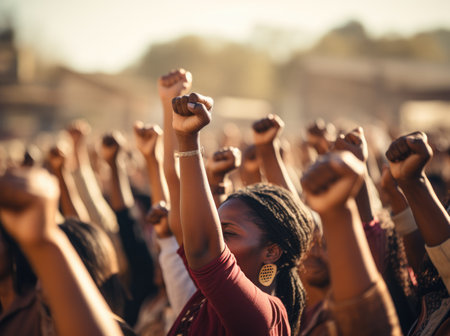 a group of people holding up their fists in different directions.の素材