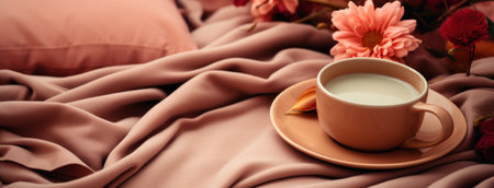 cup of coffee on the warm pink blanket.の素材