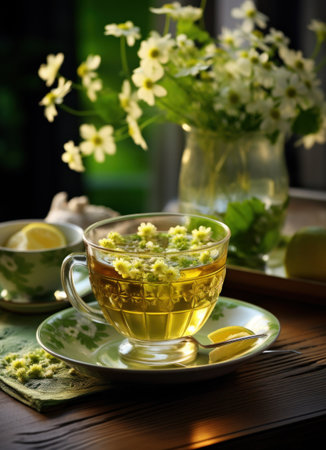 green tea with flowers on a table.の素材