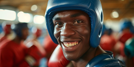 Athletes in boxing gear, flashing victorious smiles directly at the camera.の素材