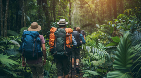 Gleeful adventurers trek through dense forests, encountering wildlife.の素材