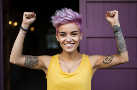happy young woman flexing her arm in the air confident.の素材