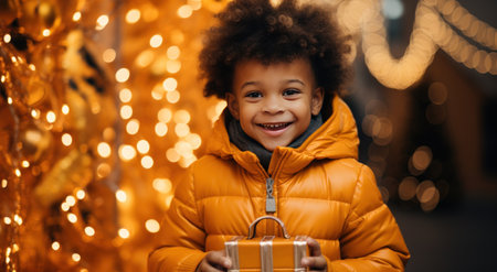 little boy with a golden gift box.の素材