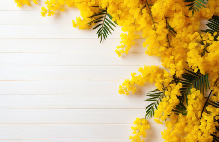 mimosa flowers on wooden white background with caption with copyspace.の素材