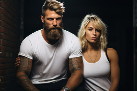 one man and one woman who have facial beards standing outside with a white tshirt.の素材