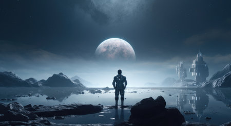 one man looks out over his spacecraft and other planets.の素材