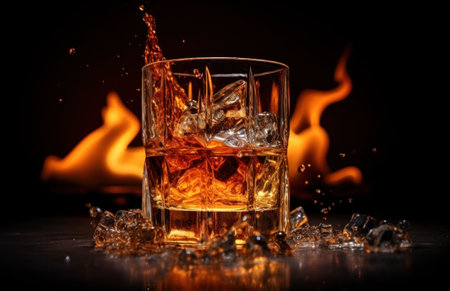 scotch whiskey whiskey set in a glass and glass of water with fire.の素材