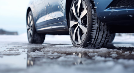 slick winter car tire scene isolated on white snow.の素材