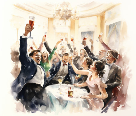 the art of saying happy new year from a group of people throwing champagne glasses.の素材
