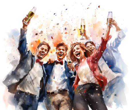 the art of saying happy new year from a group of people throwing champagne glasses.の素材