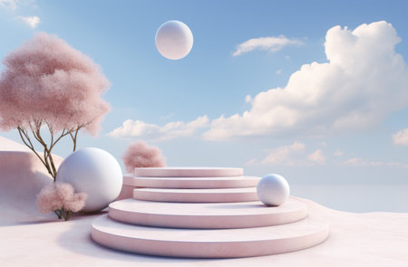 three white steps are in a landscape with clouds and blue sky.の素材