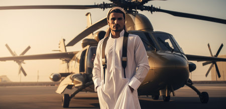 a man in arabic standing in front of a large helicopter in front of city.の素材