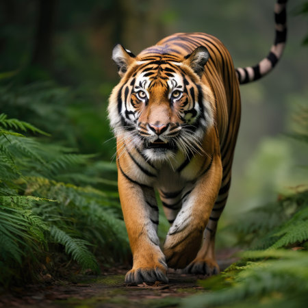 A majestic Bengal tiger, with its striking orange-and-black coat.の素材