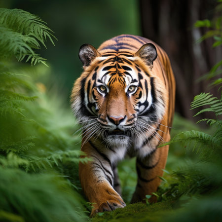 A majestic Bengal tiger, with its striking orange-and-black coat.の素材