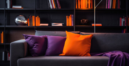 a gray couch with purple pillows in front of bookshelves.の素材