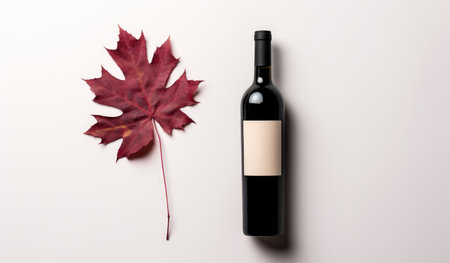 a bottle of red wine and autumn leaves.の素材
